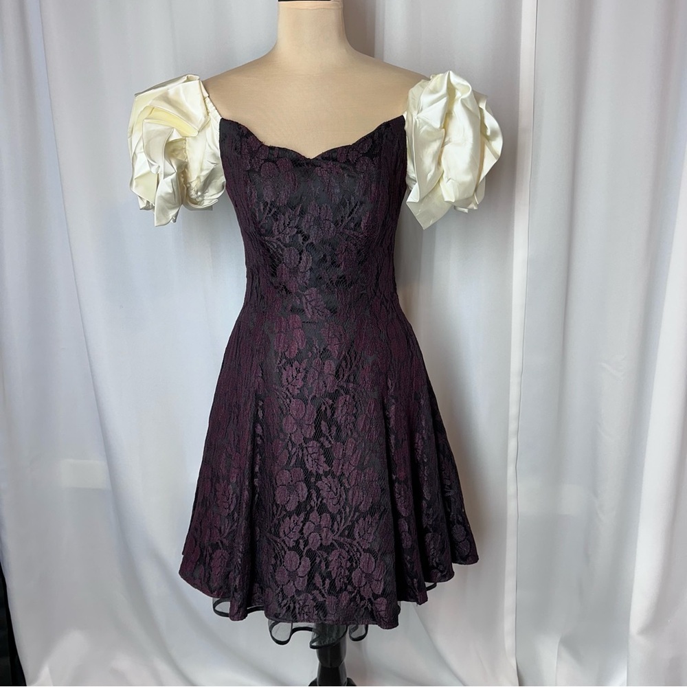 Vintage 80s Bari Jay Dress Sz 4 Puff Sleeve Lace Overlay Whimsigoth Goth‎ Prom